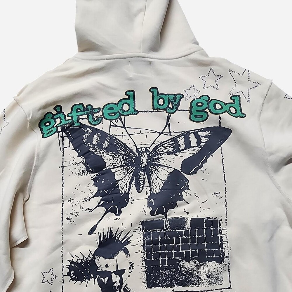GiftedLA Studios cream hoodie with rhinestone stars and butterfly. Size Large